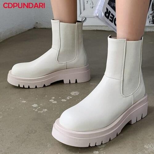Women White Black Flat Platform Ankle Boots Chelsea Ladies Autumn Winter Chunky Short Boots Shoes Bottes Plateforme Femme