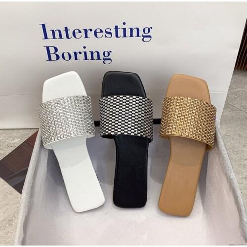 Women Summer Square Toe Slippers Glitter Flats Shoes Woman Casual Open Toe Ladies Slides Fashion Outdoor Beach Slippers 2021