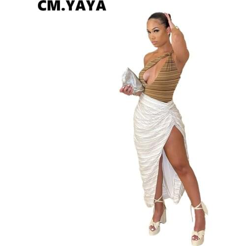 CM.YAYA Women Set Striped Sleeveless One Shoulder Tops Split Asymmetrical Long Skirts Two Piece Sets Sexy Fashion Outfit Summer