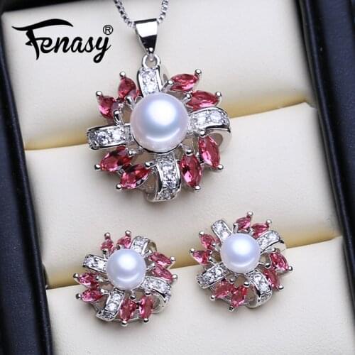 FENASY 925 Sterling Silver Jewelry Sets Bohemian Flower Stud Earrings Party Ruby Pendant Natural Pearl Necklaces For Women