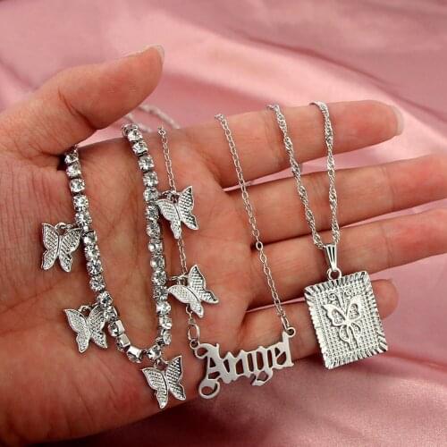 Flatfoosie Trendy Multilayer Crystal Chain Choker Necklaces for Women Geometric Butterfly Angel Letter Pendant Necklace Jewelry