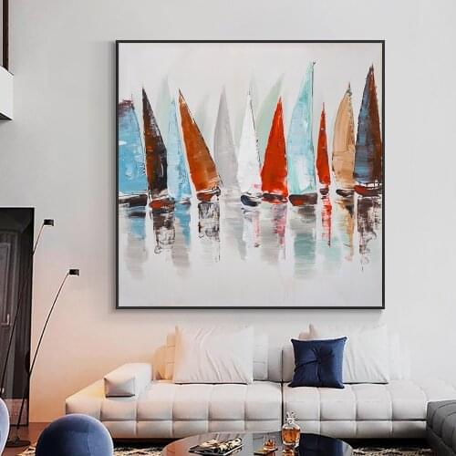 100% Hand Painted Oil Painting On Canvas Abstract Colorful Sailing Boat On The Sea Painting Modern Wall Art For Home Decoration