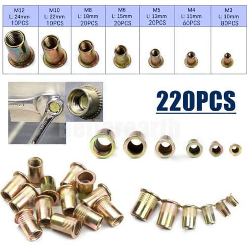 220PCS/Box M3 M4 M5 M6 M8 M10 M12 Insert Reveting Carbon Steel Rivet Nuts Flat Head Rivet Nuts Set Hardware Parts