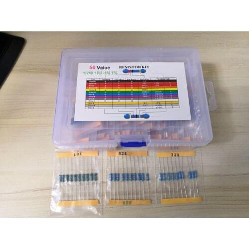 50value*10pcs=500pcs Metal Film resistor kit 1.2r to 1m 1/2W 1% box assorted Kit Set 0.5W 3.3R 6.8R 51R 1.2k 2.2k 10k 47k 360k