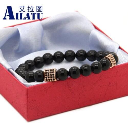 Ailatu 8mm Black Stone Beads with Triangle Cubic Zirconia Menss Energy CZ Bracelet Party Gift