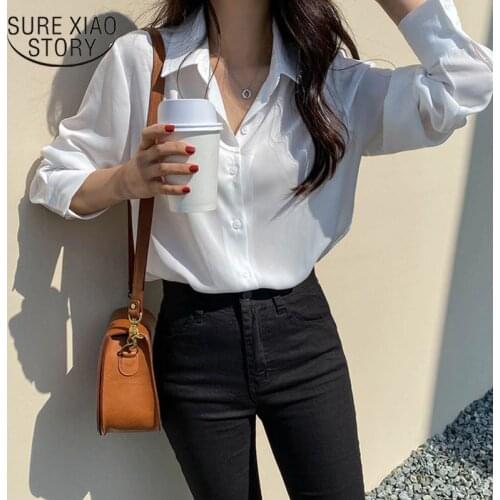 2021 Spring Fashion Women Tops Blouse White Blouse Bottom Shirt Black Korean Chiffon Shirt Office Lady Clothes All-match new