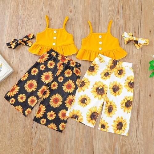 2021 Summer Girls Three Pieces Clothes Set Childrens Ribbed Sling Tops Vest Sunflower Printed Trousers Hair Band for Kids