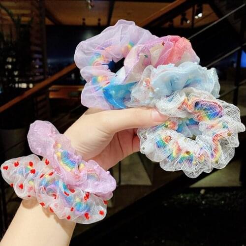 New childrens rainbow daisy ins mesh double hair ring color large intestine ring girl hair rope head rope