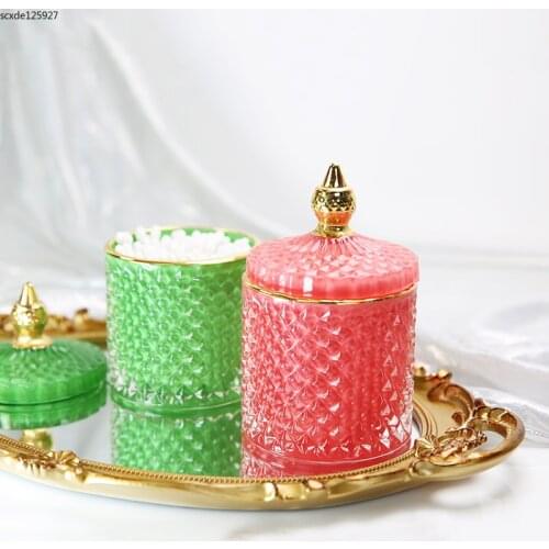 European Stained Glass Storage Jar Luxury Golden Border Aromatherapy Cotton Swab Jewelry Box Candy Snacks Storage Jar Home Decor