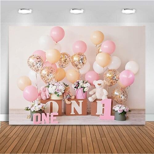 1st Birthday Photography Background Birthday Party Balloon Flowers White Toy Bear Backdrop Decor Photocall Backdrop Photo Studio