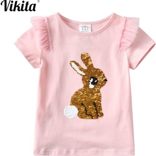 VIKITA Girls T Shirt Kids Summer Tops Cotton Animal Sequined T-shirt Roupas Infantil Girl Clothes Koszulka Rabbit Casual Wear