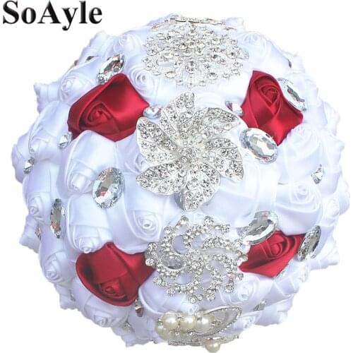 SoAyle Handmade 18CM Artificial Rose Flowers Merriage Rhinestone Bride Bridesmaid Buequet Diamond Brooch Wedding Bouquet W228
