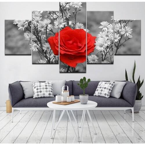 Wall Art Canvas Picture Painting 5 Panels Red Rose Framed Paintings Modern Modular Living Room Decorative Painting Artwork