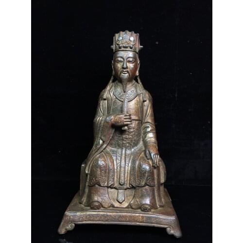 10"Chinese temple collection Old Bronze Cinnabar Lacquer Zhuge Liang Statue Civil official image Sitting Ornaments Town House