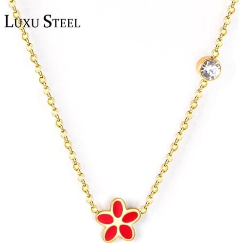 LUXUSTEEL New Arrivals Black/Red/Pink/Blue/Purple Flower Shape Pendant Necklace Collars Gold Color Clear Cubic Zirconia Necklace