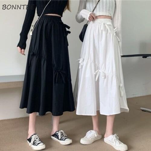 Skirts Sweet Summer Women Bow Mid-calf College Casual All-match Fashion High Waist Party Korean Style Comfort Breathable Girls
