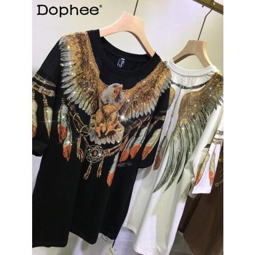 Fashion Wings Feather Rhinestone Bling T-shirt Women Men 2021 Summer New Loose Casual Oversized T Shirt Couple Short Sleeve Tees