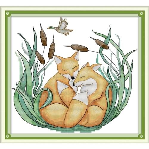 Two foxes cross stitch kit aida 14ct 11ct count print canvas cross stitches needlework embroidery DIY handmade