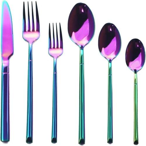 6 Pcs/ Set Luxury Rainbow Tableware Set Knife Spoon Fork Flateware Set Kitchen Food Cutlery 304 Stainless Steel Dinnerware Set