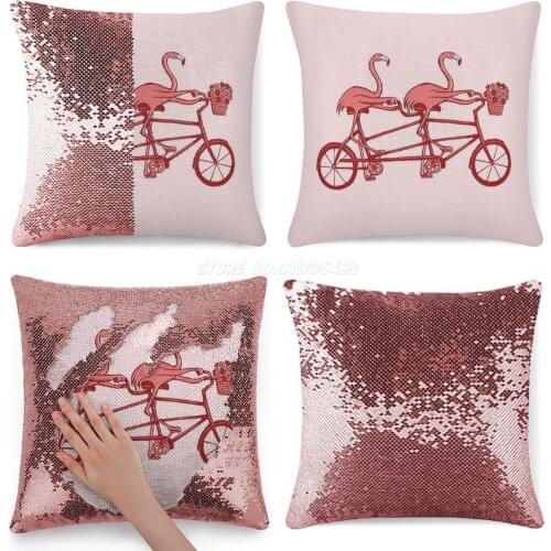 On Tandem Bike Sequin Pillowcase Cafe Home Decor Color Changing Pillowcase Pink Flamingo Tandem Bike Bicycle Bike Tandem Bicycle