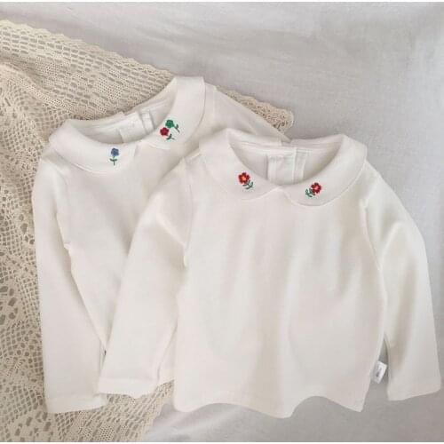 2021 Autumn New Cotton Brand Baby Girl Long-Sleeved T-shirts Embroidery Peter Pan Collar Blouse Tops Casual Kids Clothes Outfits