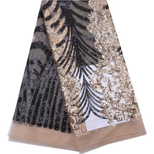 New Gold High Quality 2019 African Mesh Lace Fabric Handwork Sequined French Tulle Lace Fabric For Nigerian Party Dress 1758