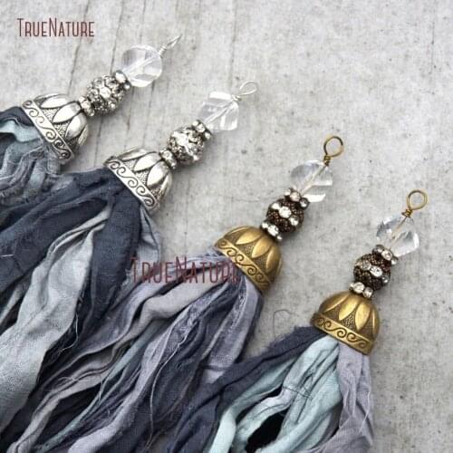Wholesale Gray Shades Sari Silk Tassel Pendant Elegant Necklace pendant Findings Copper Cap Beads Accent In 6.8 inch PM10556