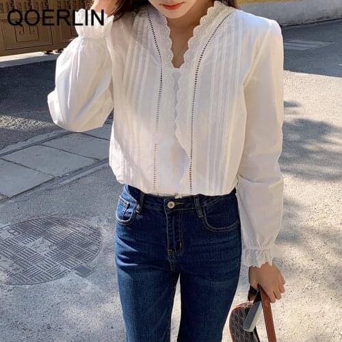 QOERLIN Sweet Lace Hollow Out White Tops Shirts Women Spring Fall Chic Korean Style Loose Flare Sleeve Elegant Blouse Plus Size