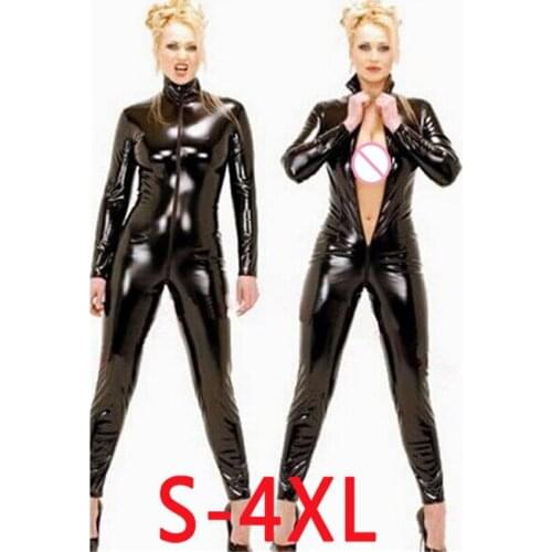 Wet Look Sex Appeal PU Faux Leather Long Sleeve Zipper Open Crotch Bodysuit Sexy Clubwear Bodycon Jumpsuit Catsuit Leotard Body