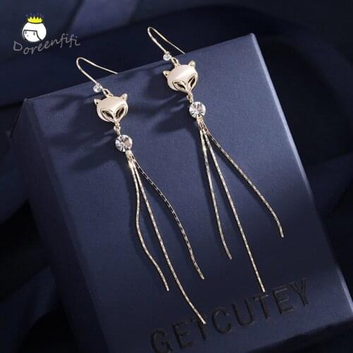 Cat-eye stone Tassel Earrings crystal Dangle long Ear hook fox Gold 925 Sterling Silver need Drop Earring women Earrings trendy