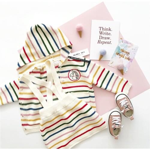 Tonytaobaby Autumn Winter New Kids'and Babies' Colored Stripe Cartoon Girls'Knitting Suit Two-piece Set