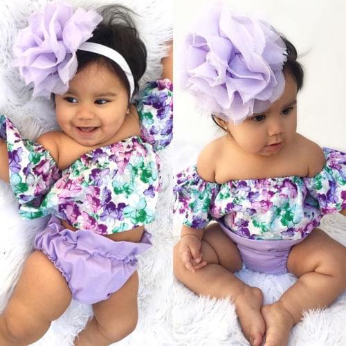 Summer Newborn Baby Girls Off Shoulder Floral Tops Shorts Briefs 3pcs Outfit Toddler Clothes Headband