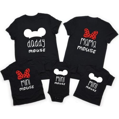 New Father Mother Kids Baby Family Matching Clothes Short Sleeve Cartoon Tops Matching Clothes Family Look Black T-Shirts