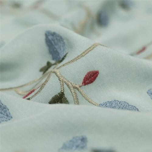 Embroidery blue and red trees and floral pure cotton fabric, sewing for shirt, blouse, dress, skirt, curtain, craft by the yard