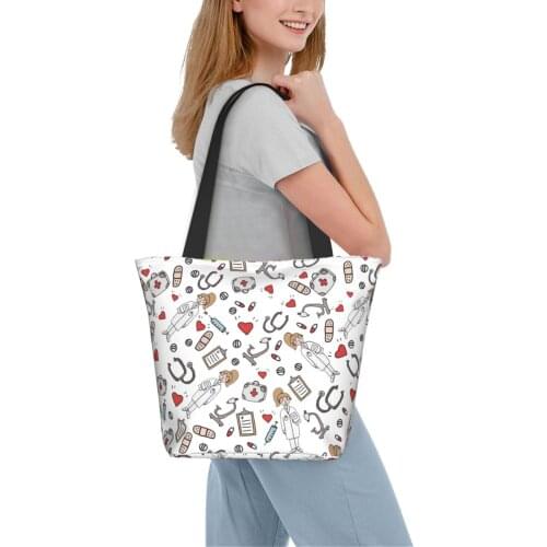 Female Nurse Print Casual Tote Women Shoulder Bag Reusable Large Capacity Eco Reusable Shopping Bag Travel Zipper Handbag