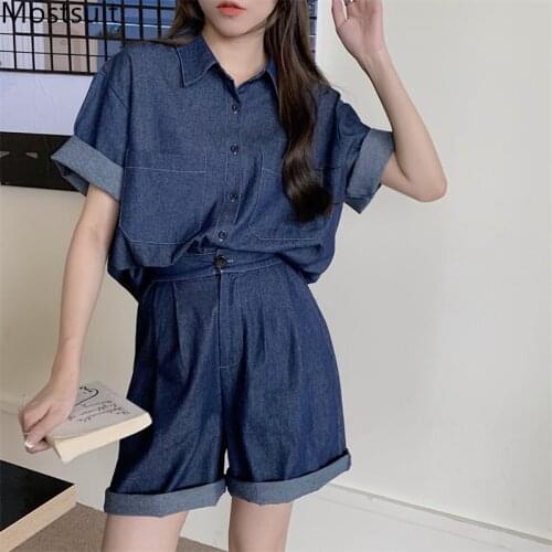 2021 Summer Denim Two Piece Shorts Set Women Short Sleeve Shirt + Shorts Matching Set Casual Fashion Korean Loose Female Set