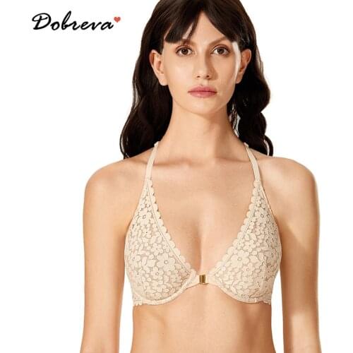 DOBREVA Womens Lace Bralette Front Closure Unlined Sexy Underwire Bra