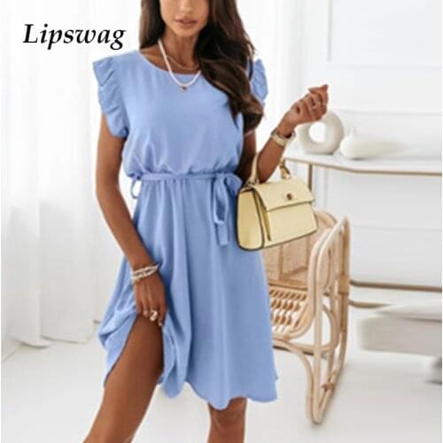Women Casual Butterfly Sleeve Party Dress 2021 Summer Solid Lace-up Belted Mini Dress Fashion O Neck Ruffle Beach Dress Vestidos