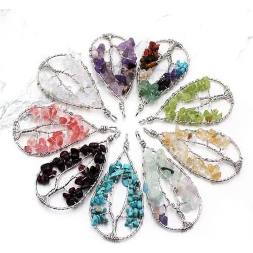 6pcs/lot Natural Stone life tree pendant crystal raw stone necklace colorful dropshape handcrafted pendant seven chakras jewelry