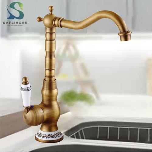 Antique Brass Kitchen Bathroom Faucet Blue and White Porcelain Handle Classical Luxury Faucet Deck Installation Sink Tap