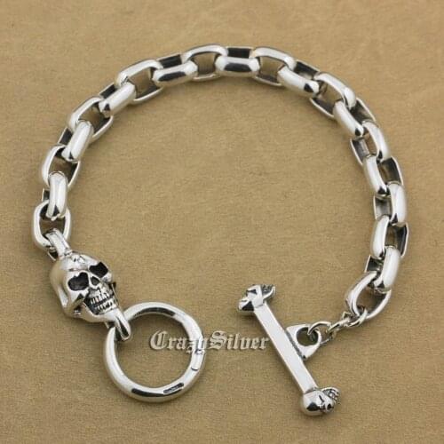 925 Sterling Silver 7 Lengths Handmade Skull Mens Biker Rocker Punk Bracelet 9N014
