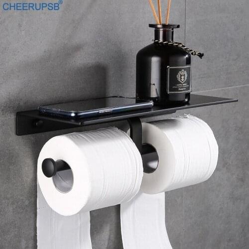 Toilet Paper Holder WC Bathroom Roll Black Shelf Wall Space Aluminum Rack Hotel Phone Stand Ecoco Tissue Rolling Paper Support
