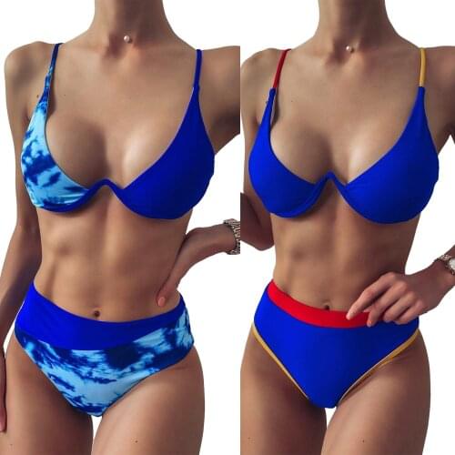 Tie Dye Patchwork Two Piece Swimwear Womens 2Pcs Bikini Sets Sleeveless Backless Tie Dye Bra High Waist Patchwork Thong