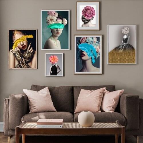 Lovely Modern Figure Lady Head Flower Abstract Fashion Canvas Painting Wall Art Print Poster Wall Picture Living Room Home Decor
