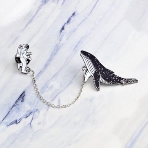 Creative cartoon animal universe whale astronaut brooch black metal pin jacket backpack jewelry accessories