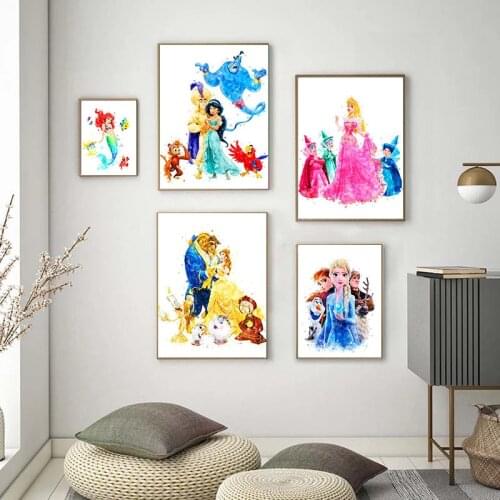 Cartoon Disney Canvas Painting Characters Watercolor Princess Posters and Prints Modern Wall Art Pictures for Living Room Decor