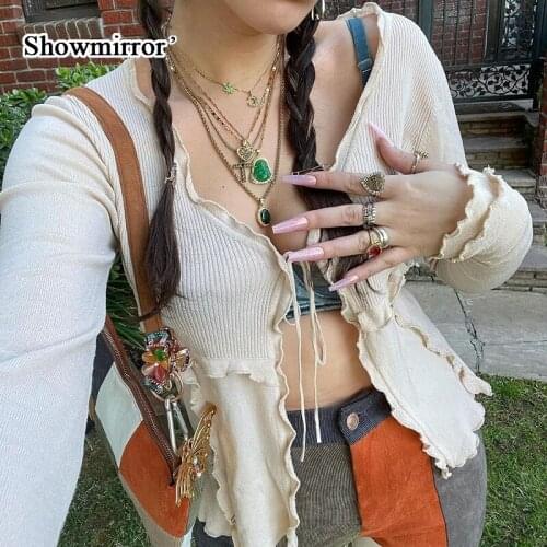 Showmirror Solid Ruffles Cute Y2K Cardigan t Shirts Vintage Aesthetic Long Sleeve Autumn Tops Women Lace Up V Neck Crop Top Tees