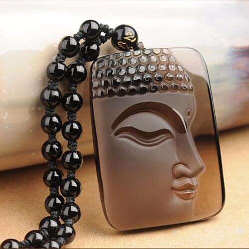 Black Obsidian Pendant Natural Stone Ethnic Style Carved Side Buddha Head Crystal Pendant Necklace Jewelry For Women Men