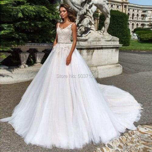 2020 Robe De Mariée Ball Gown Wedding Dresses Sleeveless Tulle V Neck Lace Appliques Bridal Gown Court Train Vestido De Noiva