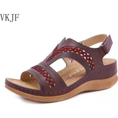 Flat Sandals Women Genuine Leather Sandals for Mother Summer Beach Shoes Hook-Loop Ladies Sandals Casual Shoes Basic Sandalias